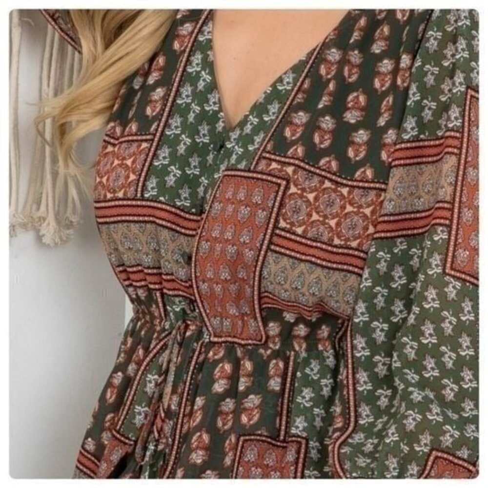 Boho Long Sleeve Patchwork Print Romper W/ Drawstring Waist & V-Neckline-NEW - Picture 5 of 7